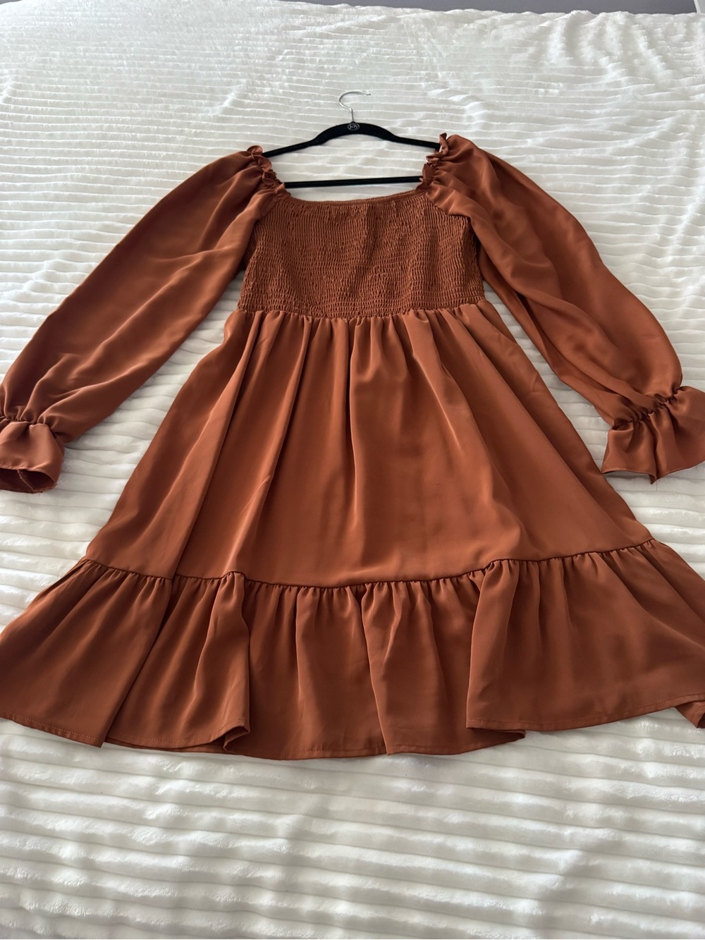 Women’s Brown Rust Long Sleeve Smocked Bodice Dress (super stretchy)